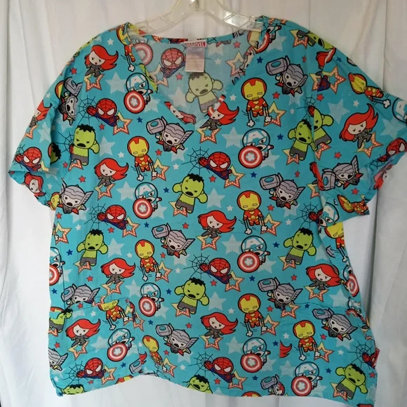 Marvel Plus Scrub Top 2x Iron Man Thor Spiderman Hulk Superhero Comic Book Shirt - Picture 2 of 8